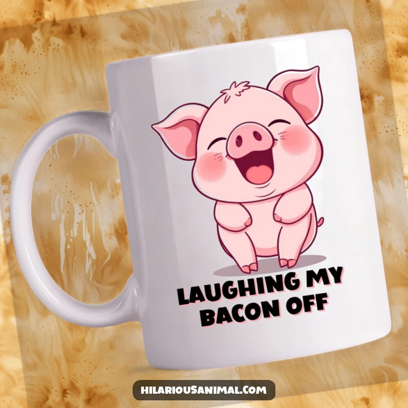Funny pink piglet mug, its whole body jiggling with uncontrollable mirth and laughter, expressing pure, jovial happiness.