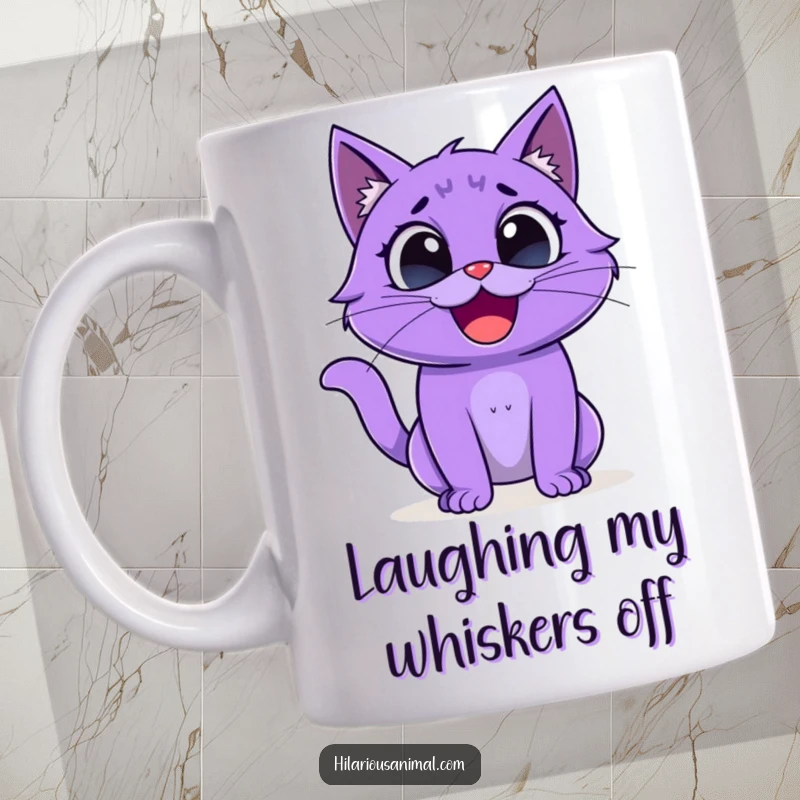 Funny purple cat mug, creature with wide eyes bursting into uncontrollable, hilarious laughter, radiating mirth.