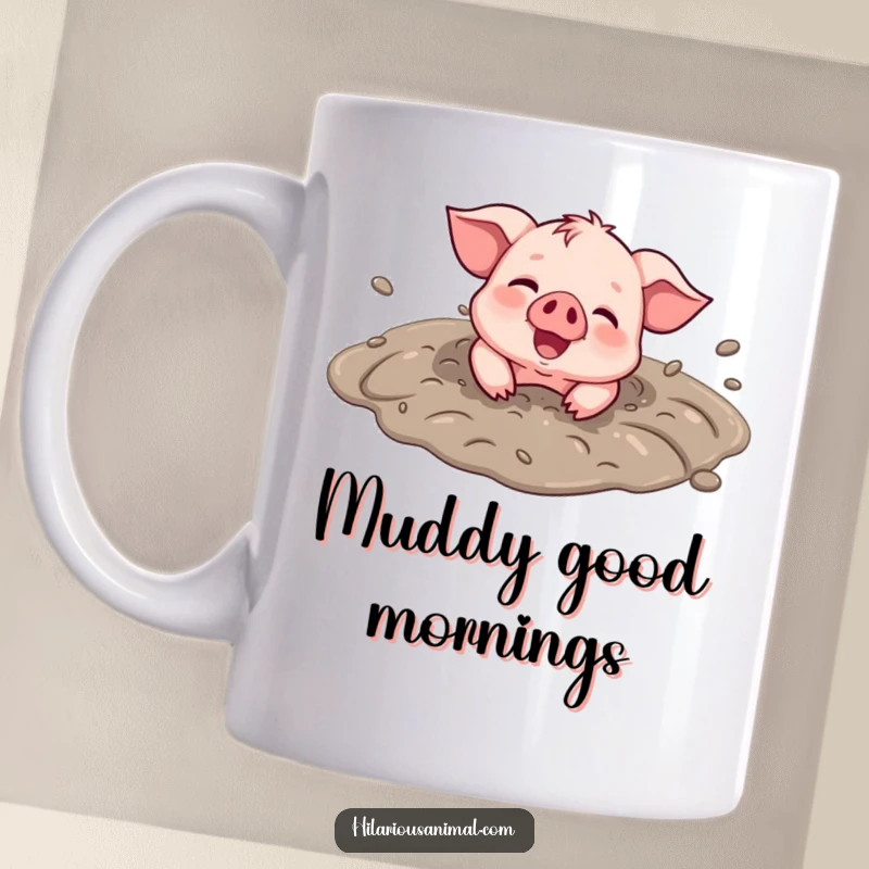 Funny Piglet Mud Puddle Mug - A happy piglet smiling widely while rolling in a mud puddle, covered head to toe in joyous dirt.