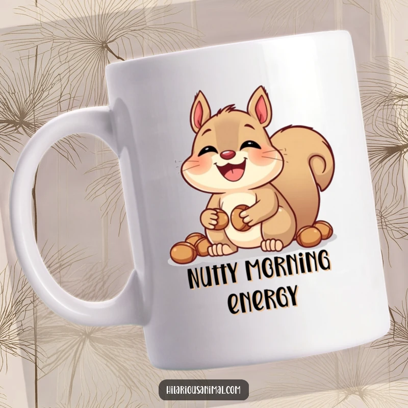 Funny laughing squirrel mug with bulging cheeks, busy hiding nuts, conveying a sense of mischievous joy, perfect for snack lovers and humor fans.