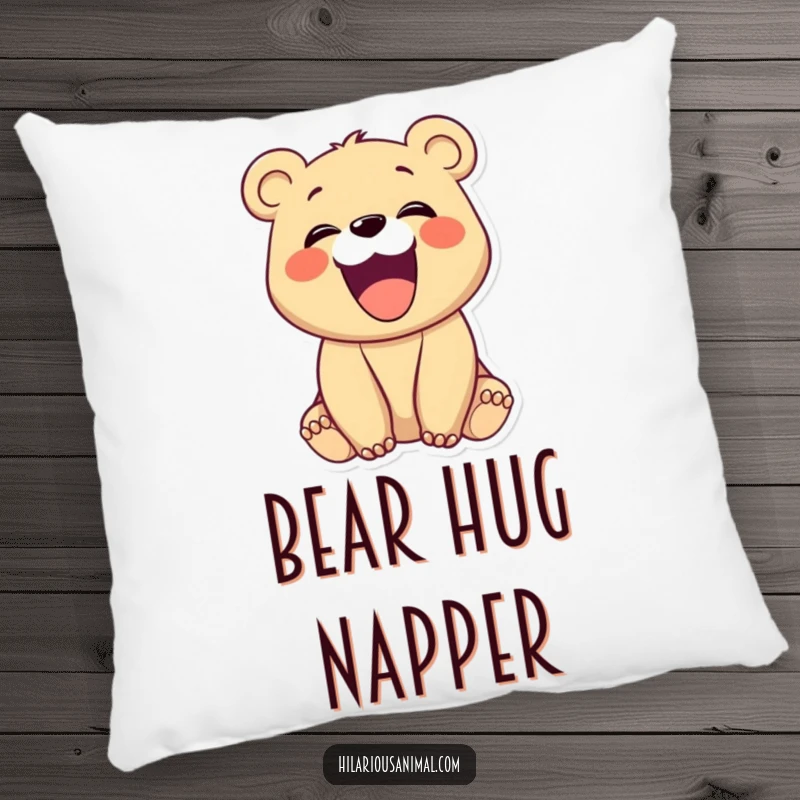 Funny bear cub with mouth wide open in a hearty laugh, on a plush pillow, a cozy and funny gift.