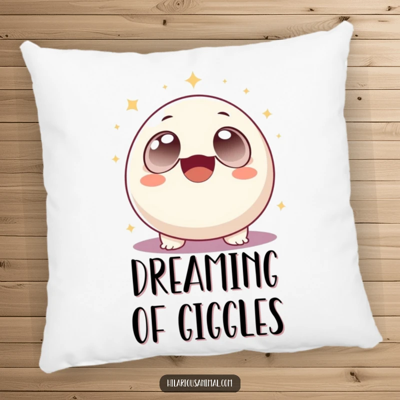 Funny round creature with large eyes laughing uncontrollably, surrounded by sparkles, on a plush pillow, a comfy funny gift.