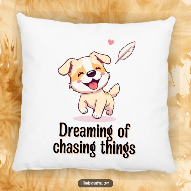 Funny pillow featuring a giggling, panting dog intently chasing a floating feather.