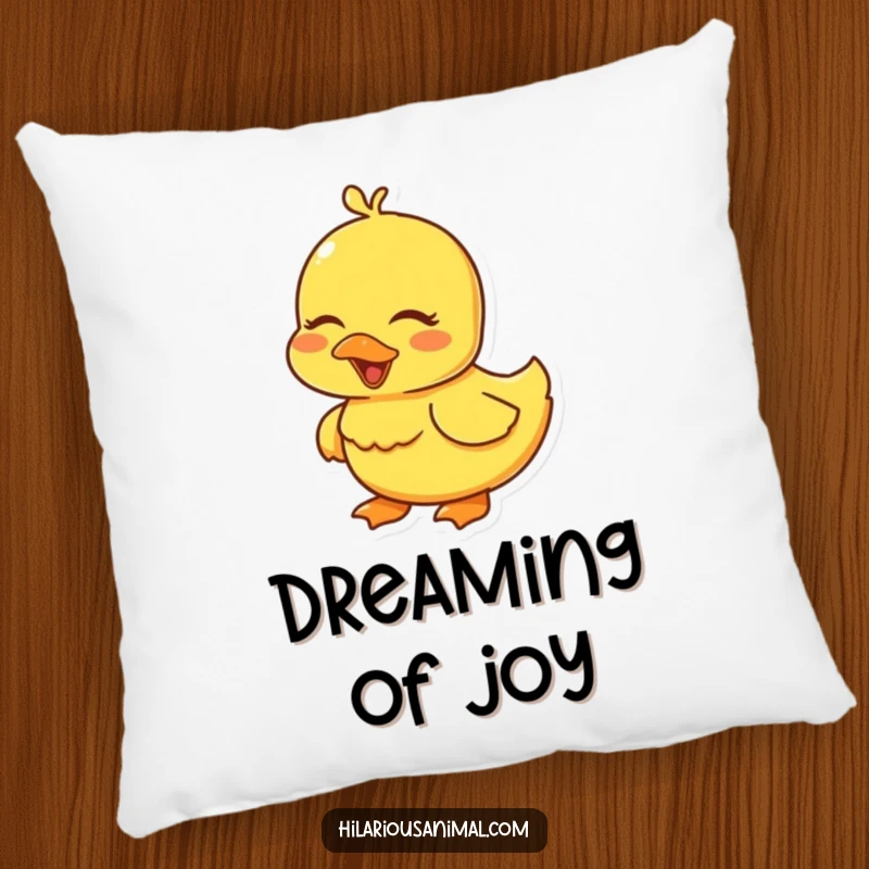 Funny yellow duckling pillow, eyes closed in a happy giggle, a plush, adorable accent.