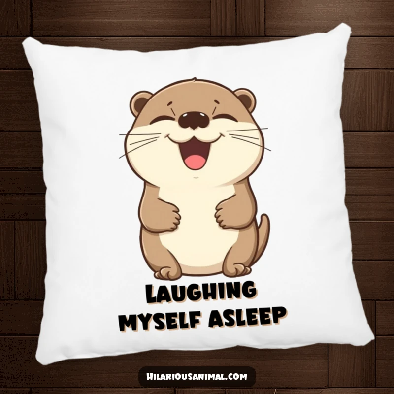 Funny otter pillow featuring a beaming otter laughing, eyes closed, body shaking with mirth.