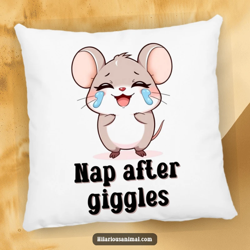 Funny small round mouse character laughing heartily, tears streaming on a pillow, a comfy cushion of pure joy, a perfect funny gift.