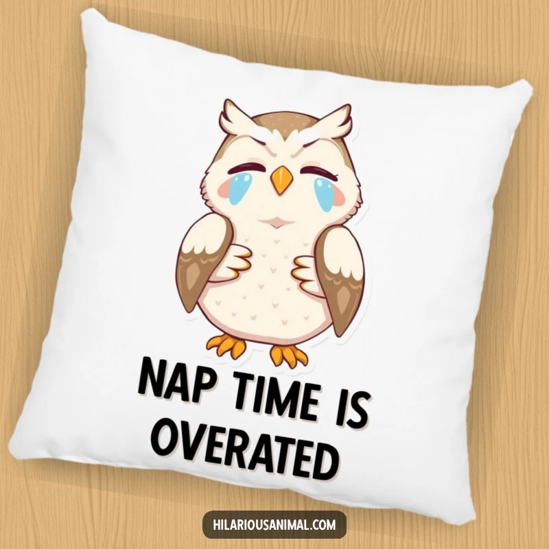 Funny pillow featuring a tearful, laughing owl clutching its stomach, a soft and humorous funny gift.