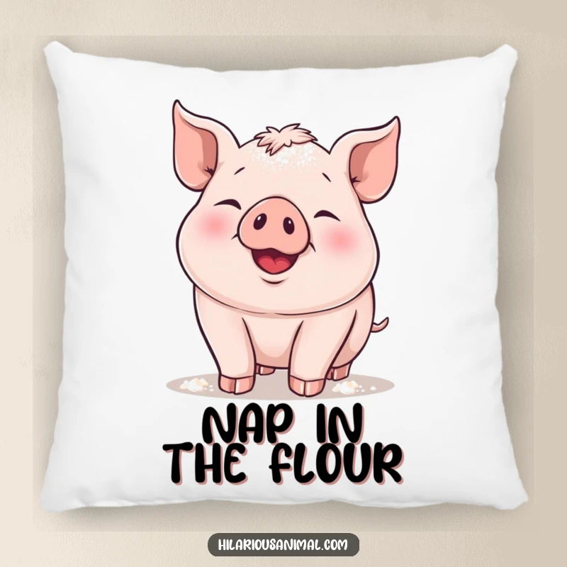 Funny piglet pillow, a plump piglet snorting with delight, playfully covered in flour, soft and inviting for cozy, humorous moments.