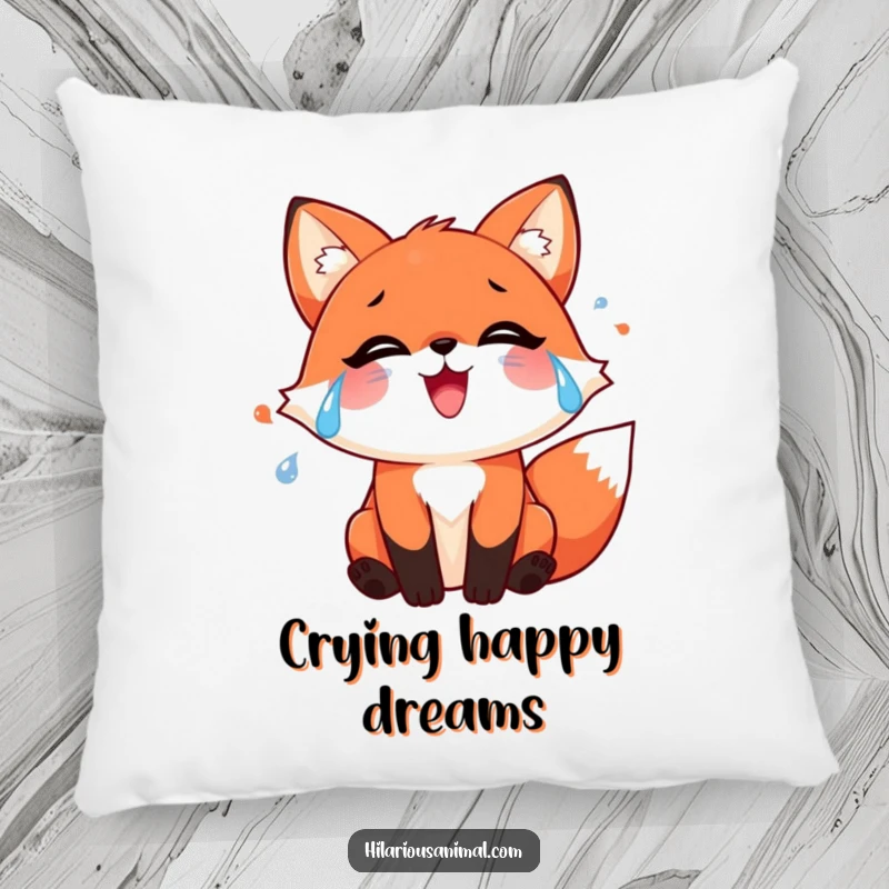 Funny red fox pillow with streams of joyful tears, providing cozy, humorous, and emotionally heartwarming decor.