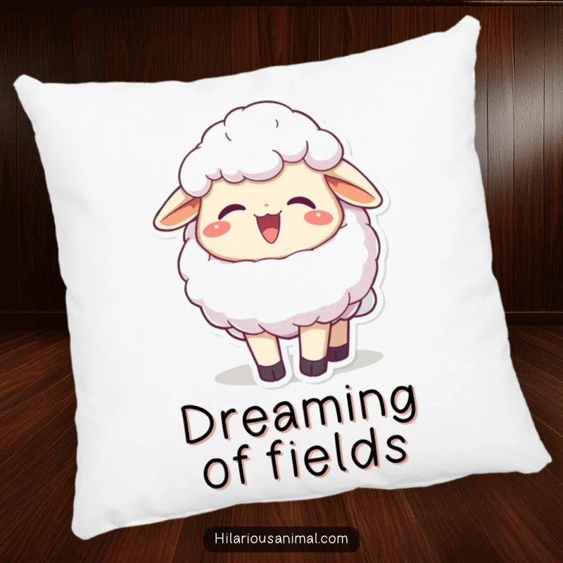 Funny joyful fluffy sheep character chuckling, head thrown back on a pillow, a cozy cushion of pure joy, a perfect funny gift.