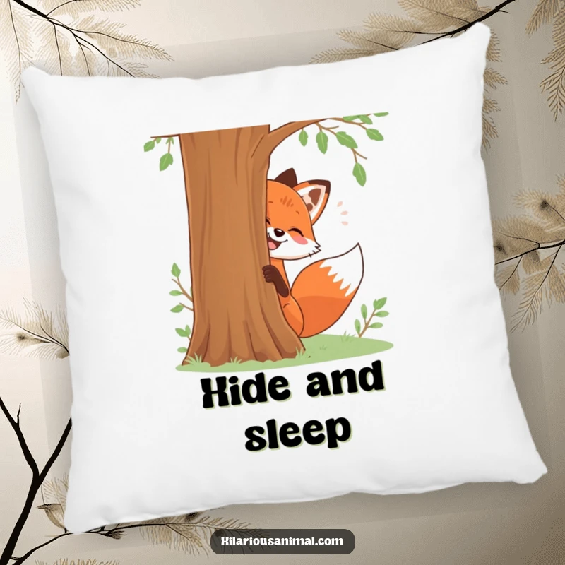 Funny pillow with a red fox playfully giggling as it peeks from behind a tree, soft and funny gift.