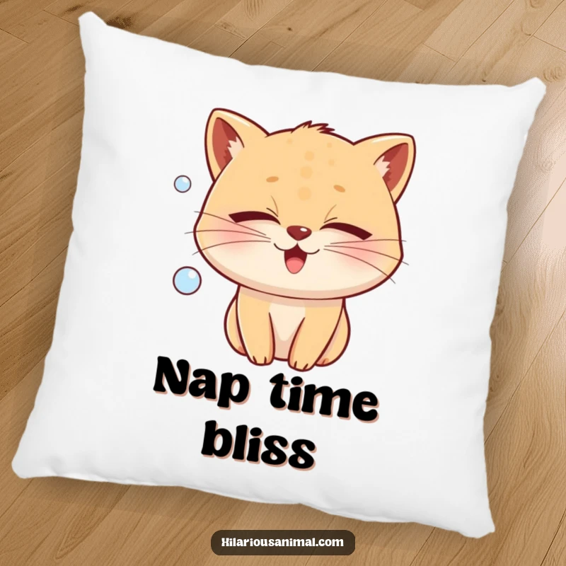 Funny whiskered animal with eyes shut tight, emitting a bubble of joy, on a plush pillow, a cozy and funny gift.