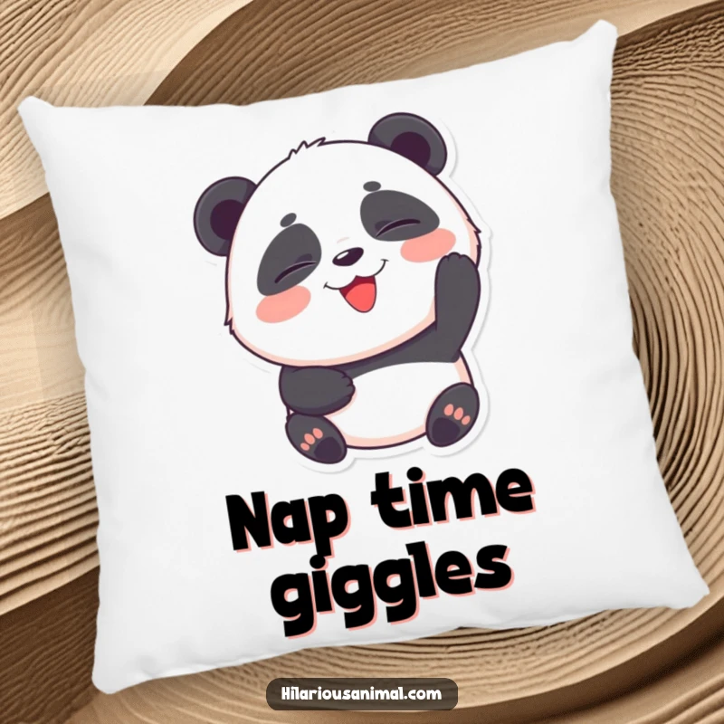 Funny Panda Cub Pillow: A round panda cub with eyes squeezed shut, laughing heartily, offering cozy, humorous comfort.