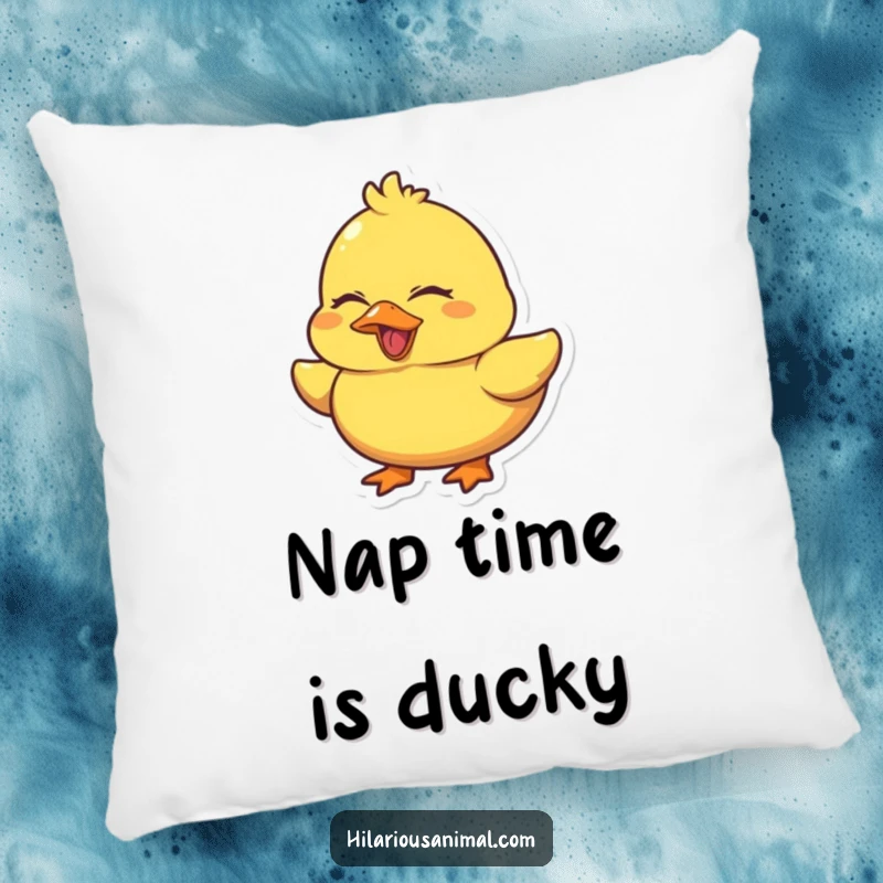 Funny Duck Quacking Pillow featuring a chubby yellow duck laughing with eyes squeezed shut, perfect for adding soft, humorous comfort to sofas and beds.
