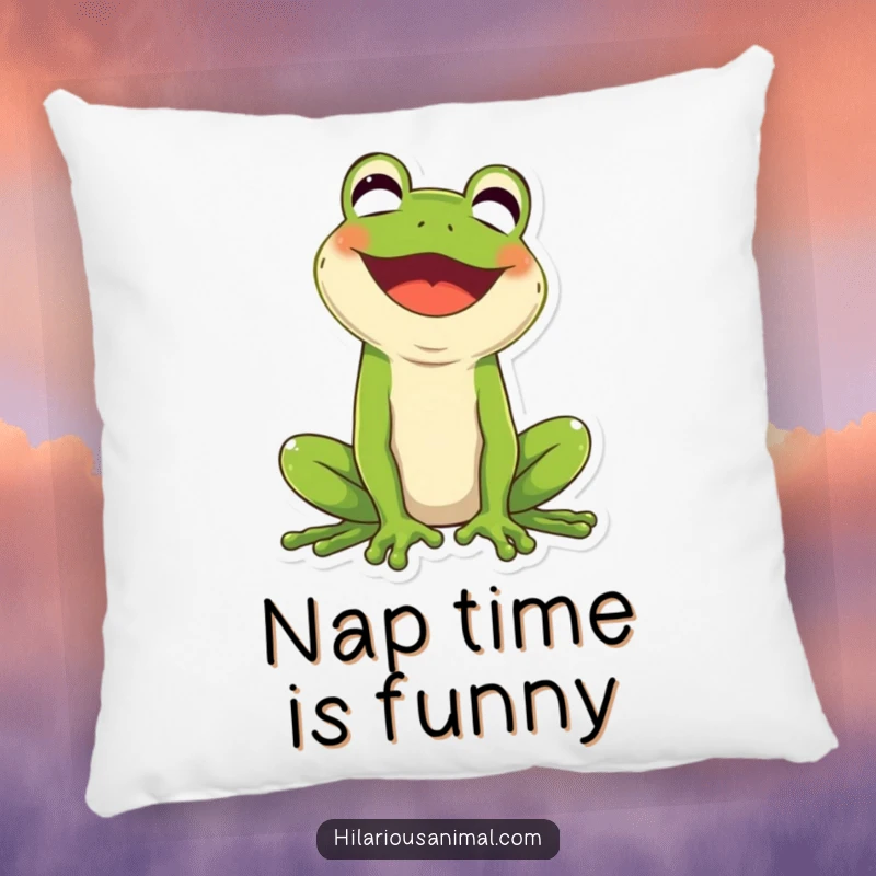 Funny green frog pillow, mouth wide open in hearty laughter, a plush, amusing accent.
