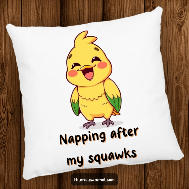 Funny pillow featuring a brightly colored parrot mid-squawk, its wide grin radiating excitement.