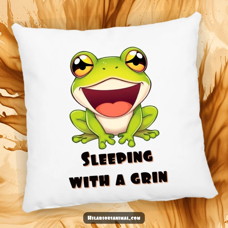 Funny pillow with a green frog laughing with comically bulging eyes, offering humorous comfort and quirky decor.