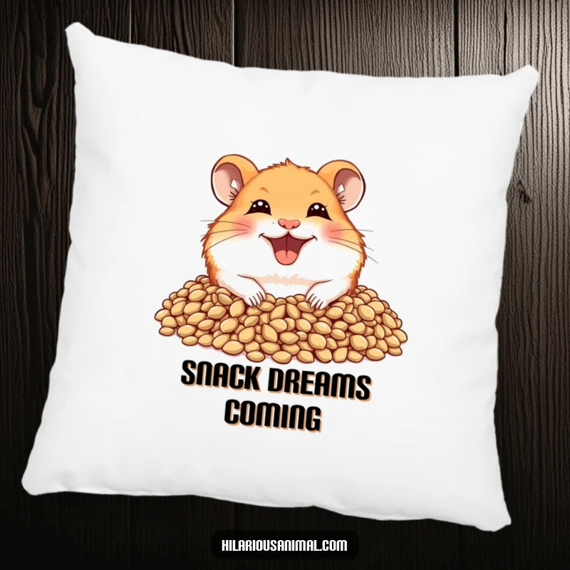 Funny hamster pillow featuring a joyful hamster with a wide grin, peeking out from a pile of seeds.