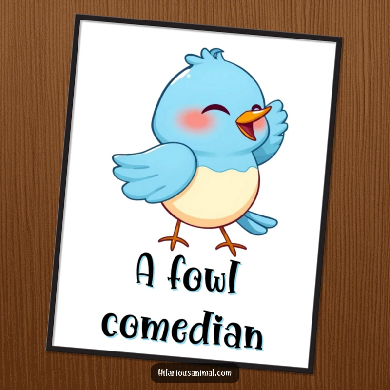 Funny digital art print of a blue bird cackling with one wing tucked under its head, an instant download for humorous decor.