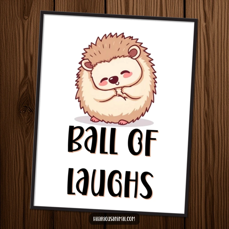 Funny small hedgehog curled into a ball, shaking with silent laughter, a digital art print radiating quiet amusement and charm.