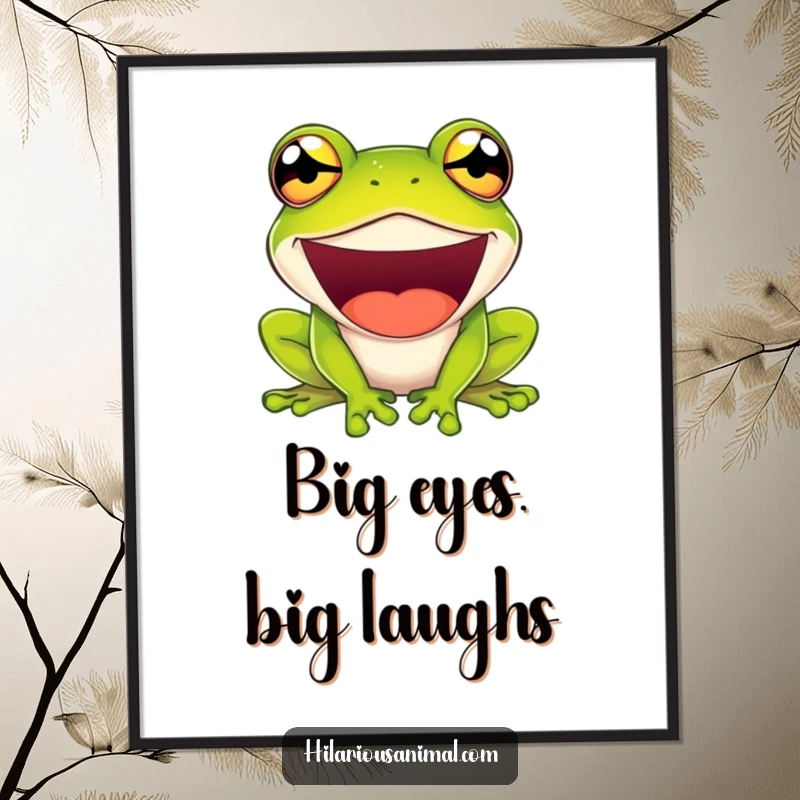 Funny digital art print of a green frog laughing with comically bulging eyes, an instant download for humorous decor.