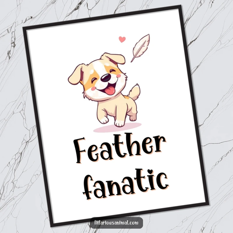 Funny digital art print of a giggling, panting dog joyfully chasing a floating feather.