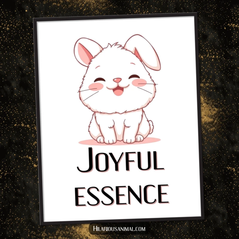 Funny bunny digital art print of a fluffy white rabbit snorting with ecstatic glee, ears flopped, ready to be framed.