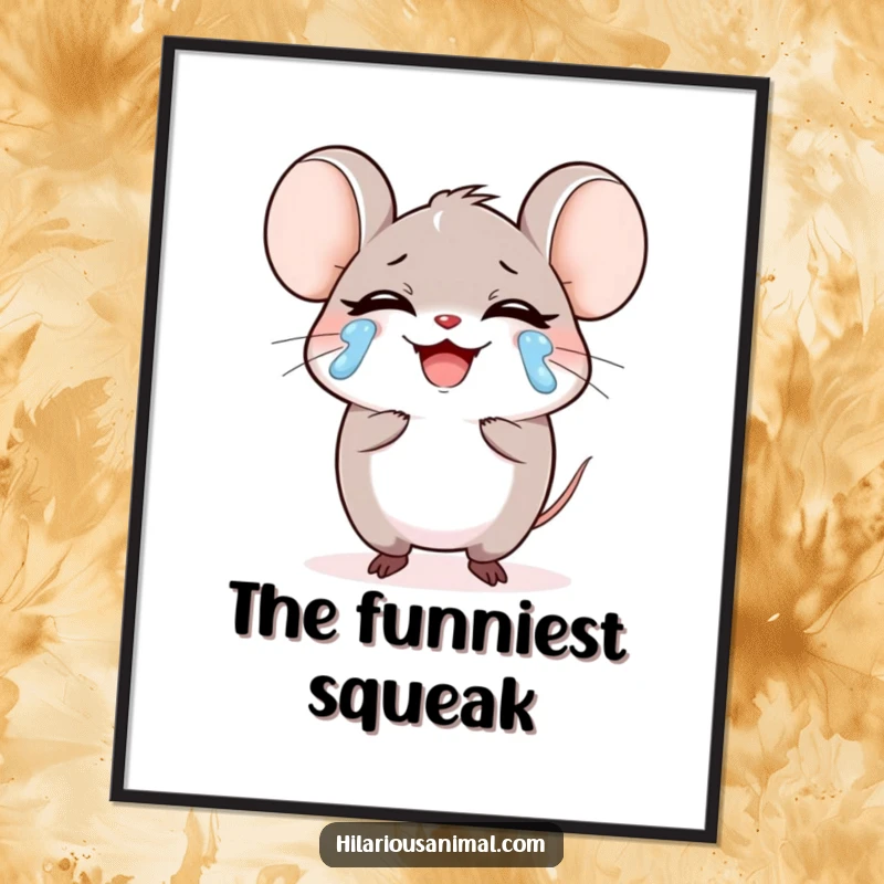 Funny small round mouse character laughing heartily, tears streaming as digital art, a depiction of ultimate joy, a hilarious funny gift.