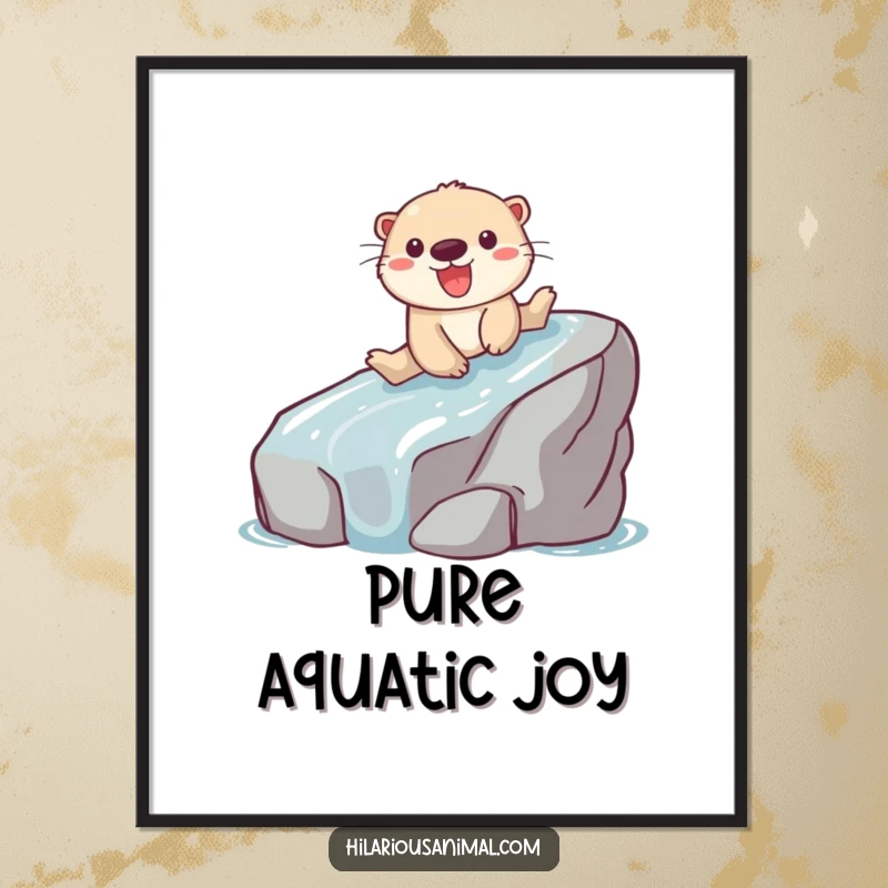 Funny digital art print of a playful otter joyfully sliding down a slippery rock.