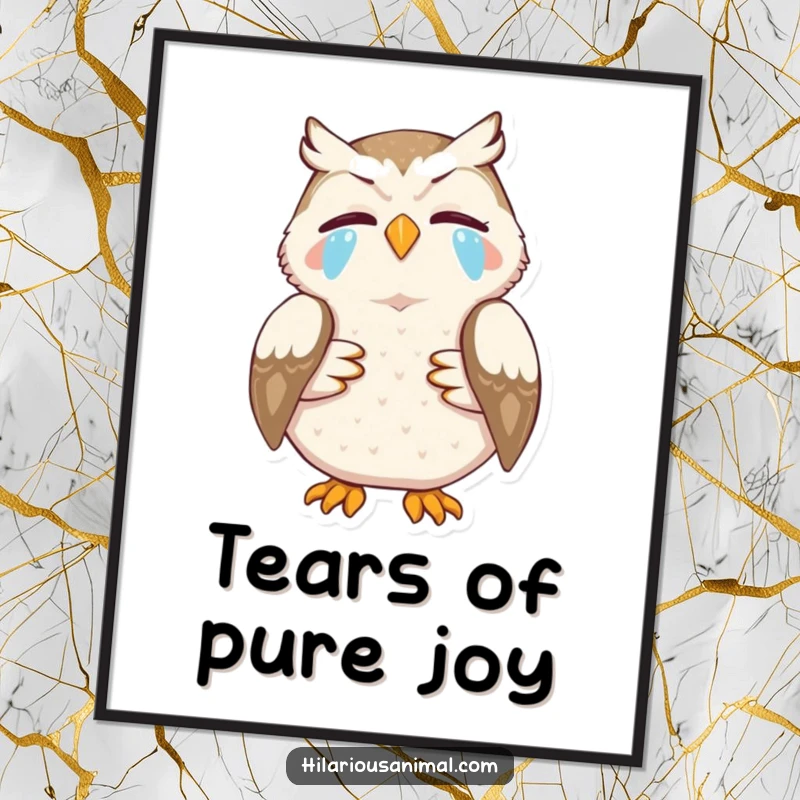 Funny digital art print of an owl laughing uncontrollably, tears streaming, ideal for immediate funny gift download.