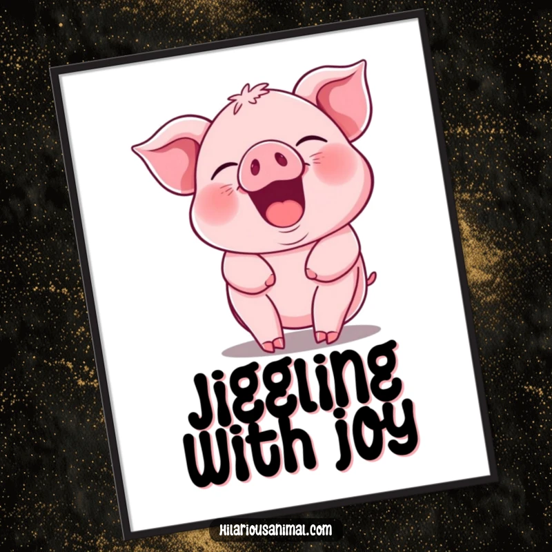 Funny pink piglet digital art print, its whole body jiggling with infectious guffaws, ready to add humor to any space.