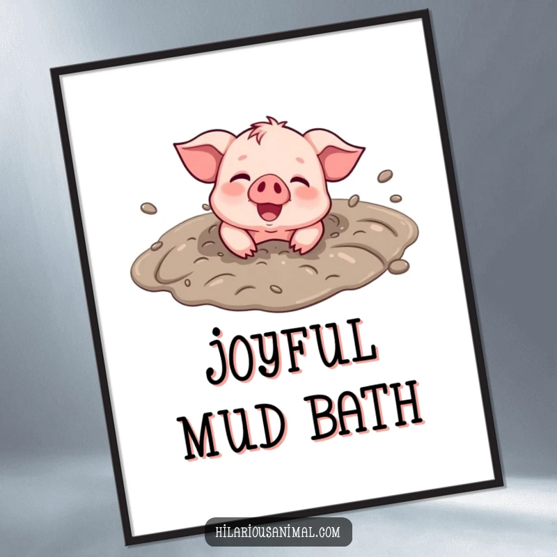 Funny Piglet Mud Puddle Digital Art Print - High-resolution download of a smiling piglet rolling in a mud puddle, covered in joy.
