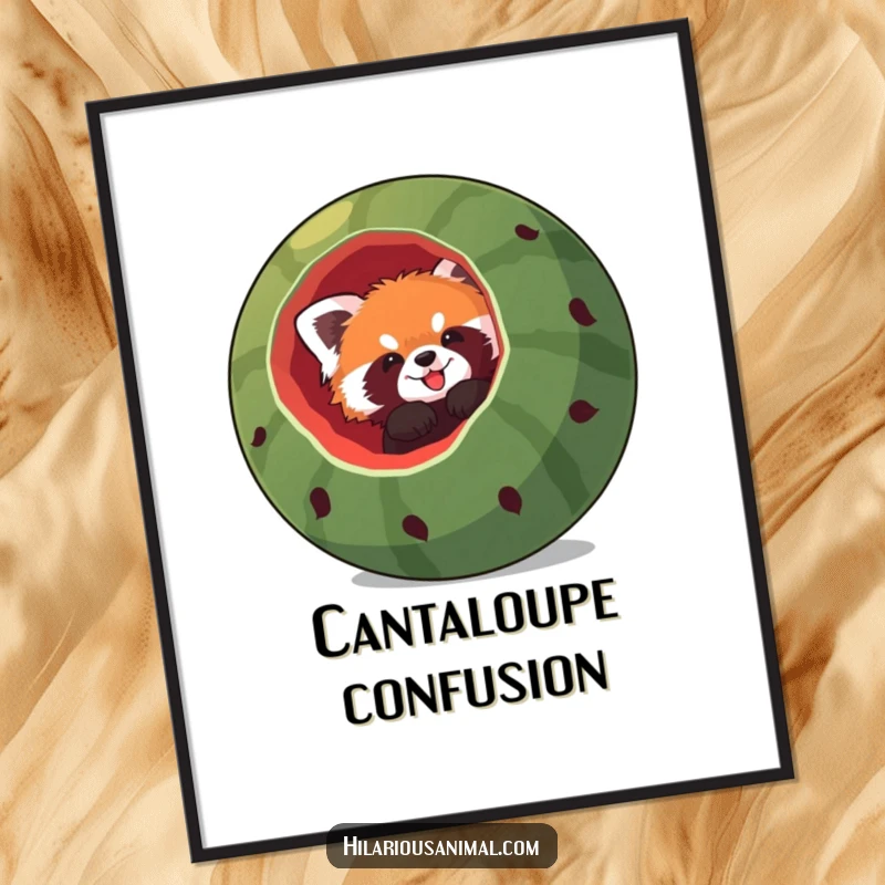 Funny red panda digital art, a red panda comically stuck headfirst in a giant hollowed-out watermelon, capturing a moment of hilarious fruity fun.