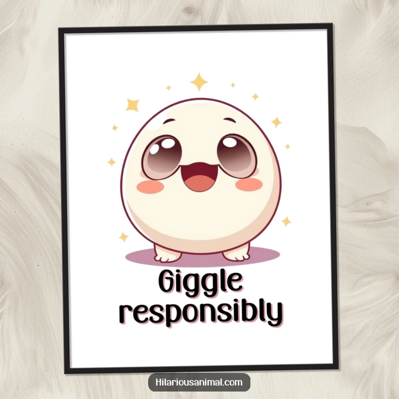 Funny round creature with large eyes laughing uncontrollably amidst shimmering sparkles, as a digital art print, a joyful funny gift.