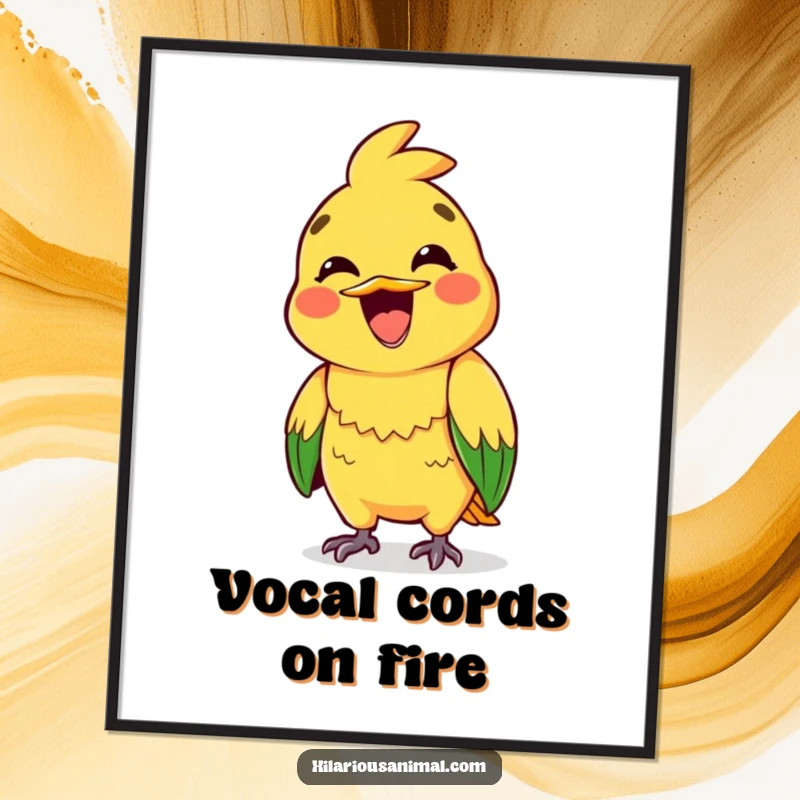 Funny digital art print of a brightly colored parrot mid-squawk with a wide, excited grin.