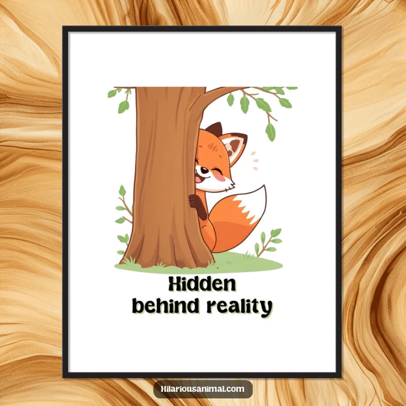 Funny digital art print of a red fox playfully giggling from behind a tree, an instant funny gift.