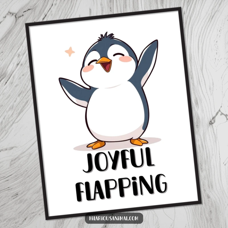Funny clumsy penguin digital art print of a penguin flapping flippers uncontrollably while chuckling, instant download for humorous decor
