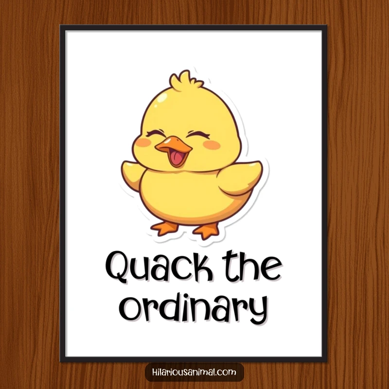 Funny Duck Quacking Digital Art Print of a chubby yellow duck laughing with eyes squeezed shut, ready for immediate download and adding humorous flair.