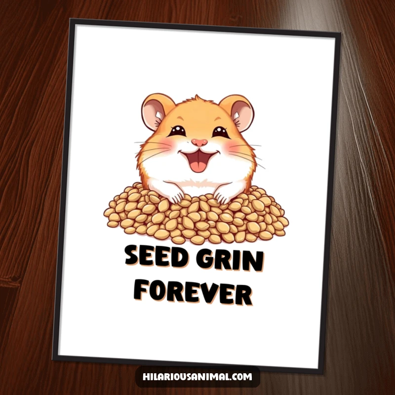 Funny digital art print of a joyful hamster with a wide grin, peeking from a pile of seeds.