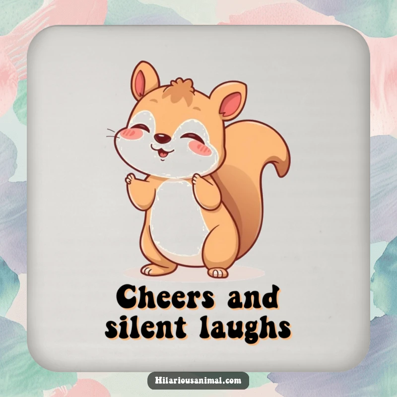 Funny drink coaster featuring a cheerful squirrel shaking with silent, joyful laughter, a delightful funny gift.