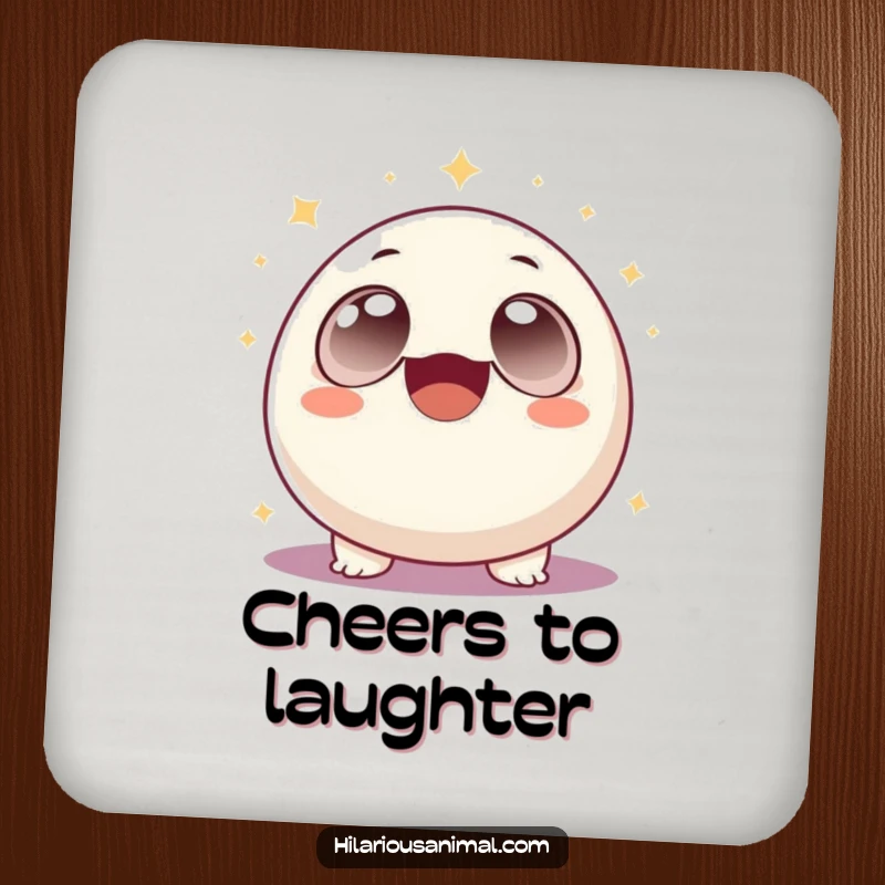 Funny round creature laughing uncontrollably with sparkles surrounding it, on a drink coaster, a humorous and funny gift.