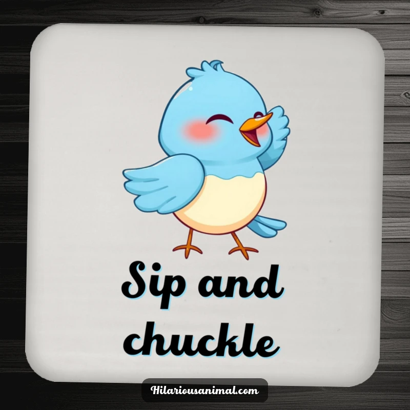 Funny drink coaster with a blue bird cackling with one wing tucked under its head, protecting surfaces with avian humor.