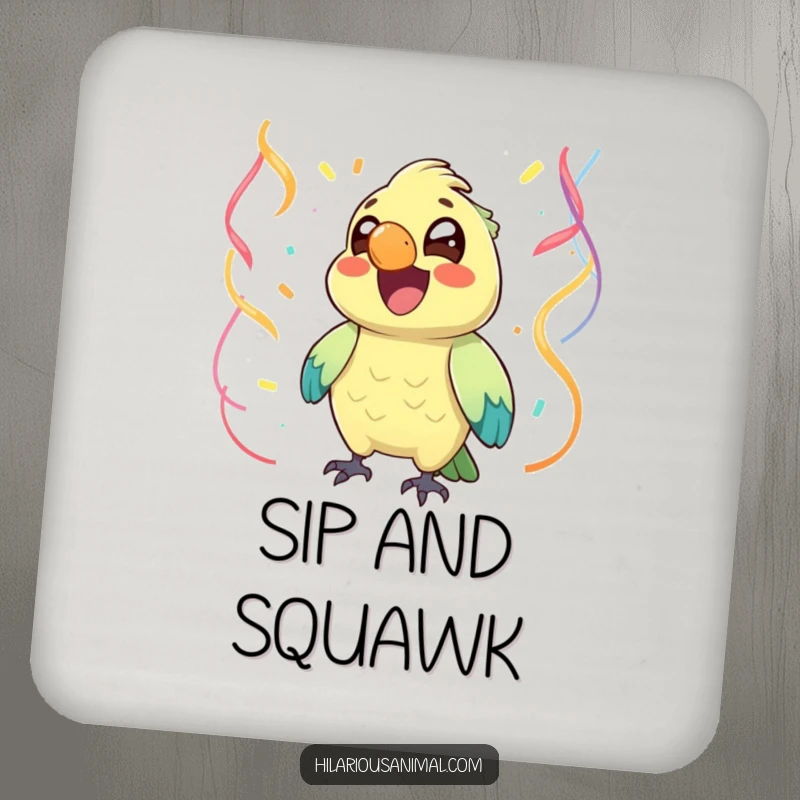 Funny joyful parrot chuckling with streamers surrounding it, on a drink coaster, spreading festive cheer, a funny gift.