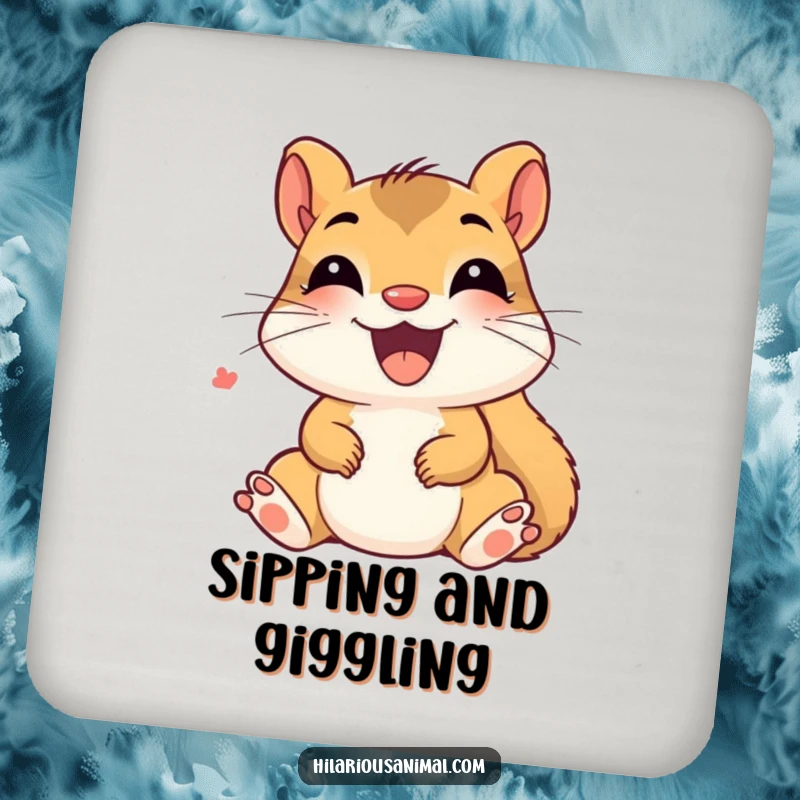 Funny Delighted Squirrel Coasters: A happy squirrel cub chattering with giggles, offering protection to surfaces with cheerful flair and humor.