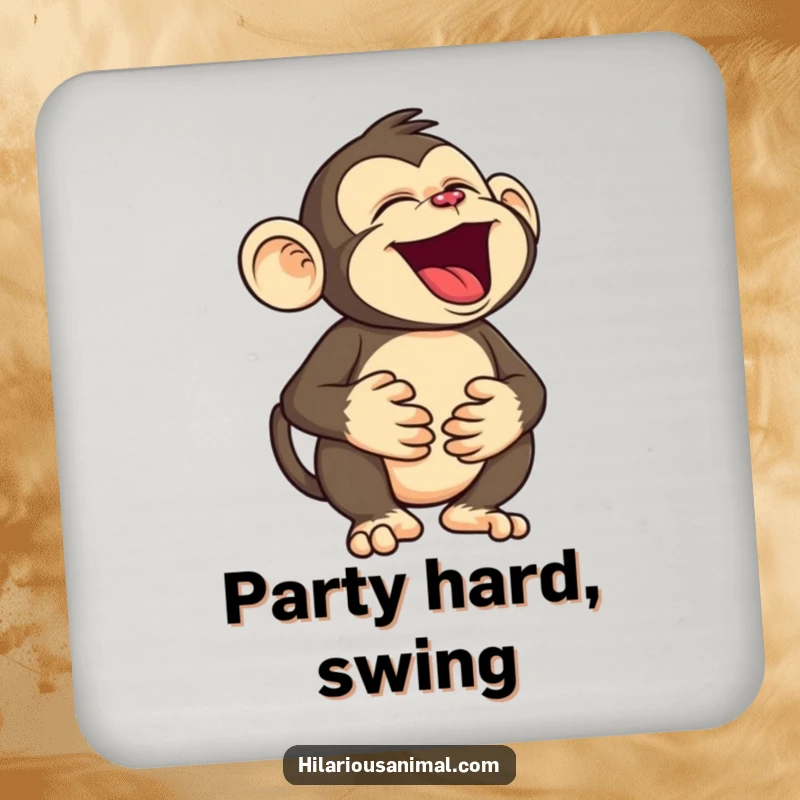 Funny monkey coasters, four pieces featuring a silly character holding its belly, roaring with laughter, offering humorous protection for drinks.