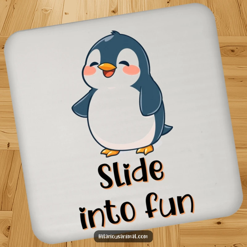 Funny penguin drink coaster, featuring a cute plump bird belly shaking from laughter, a small but humorous addition.