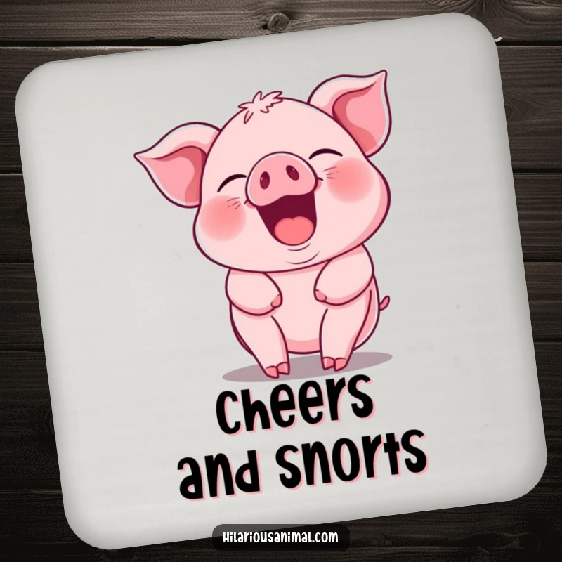 Funny pink piglet coaster, its body jiggling with hearty laughter, protecting surfaces with adorable, jovial charm.
