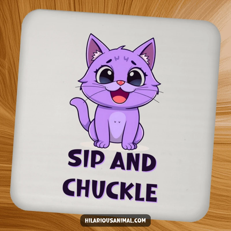 Funny purple cat drink coaster, creature with wide eyes laughing uncontrollably, protecting furniture humorously.
