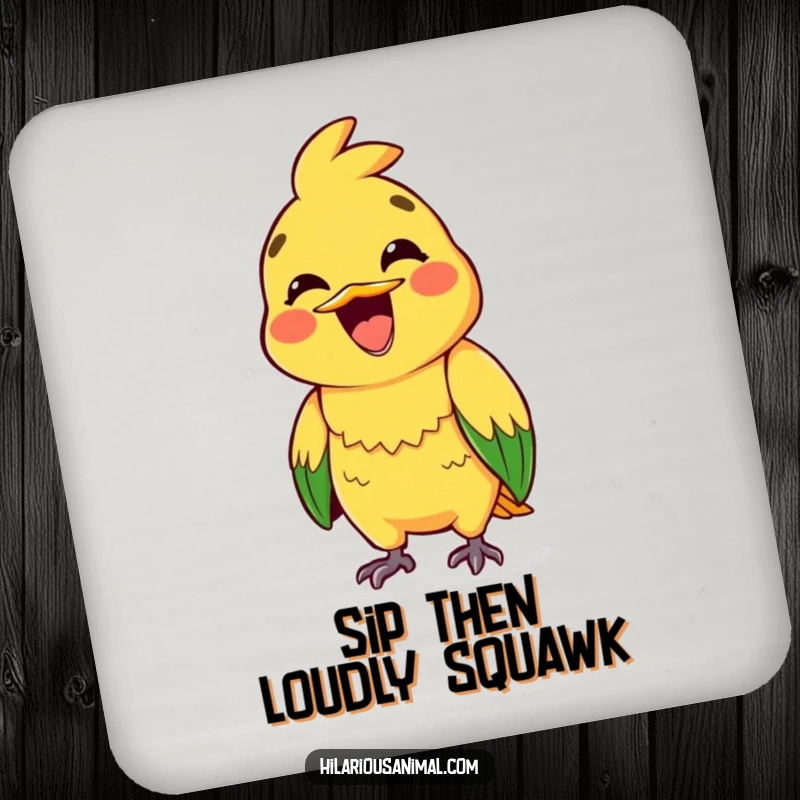 Funny drink coasters featuring a brightly colored parrot mid-squawk with a wide, excited grin.