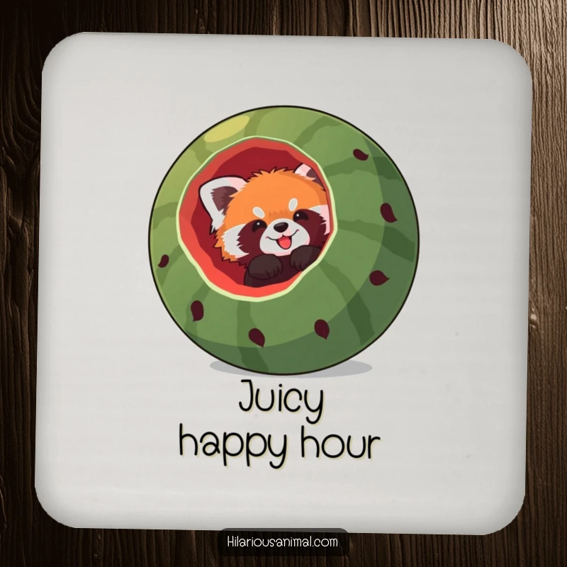Funny red panda coaster, a red panda comically stuck headfirst in a giant hollowed-out watermelon, adding a touch of fruity humor to any setting.